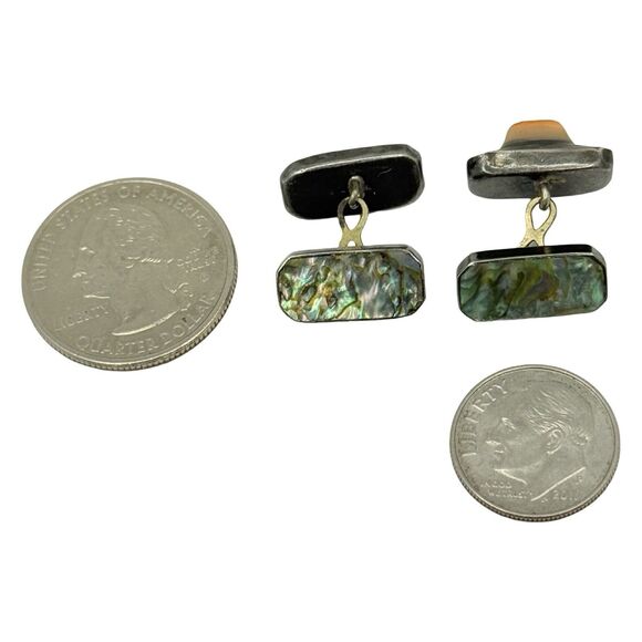 Antique 925 Sterling Silver Men's Cufflinks Abalone Mother Of Pearl Rectangle - Picture 14 of 16